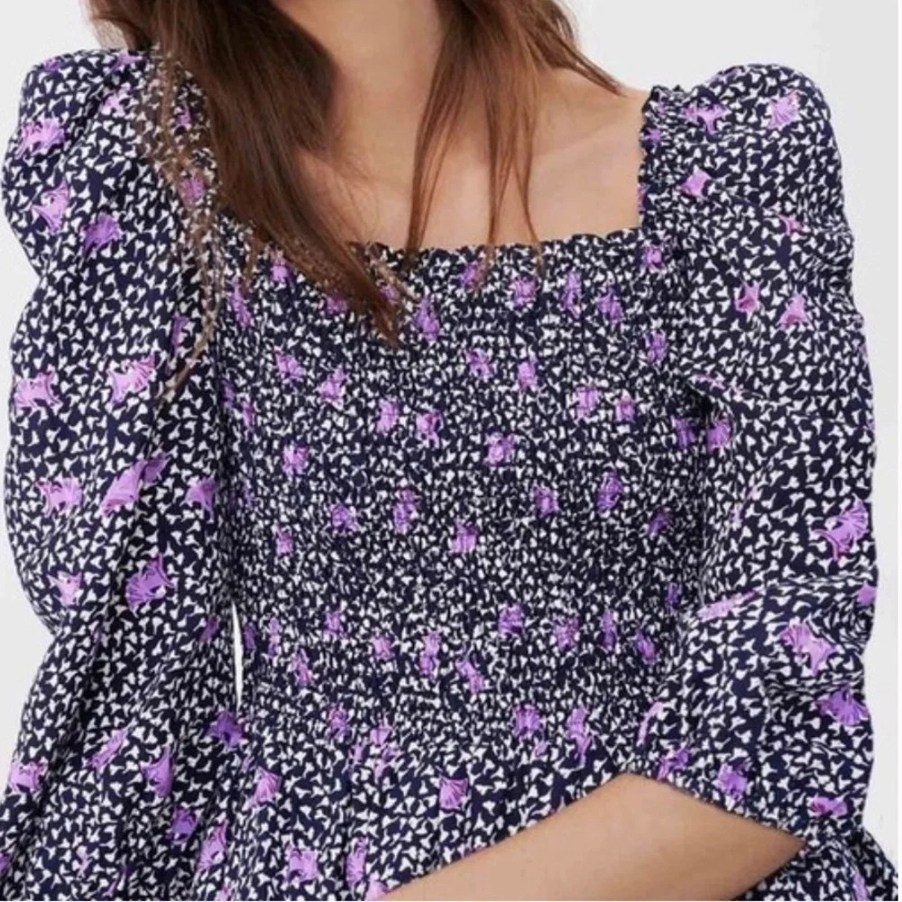 Maje Rappa Floral Print Smocked Puff Sleeve Dress Pockets Navy Purple Size M